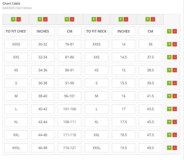 Configure the size chart