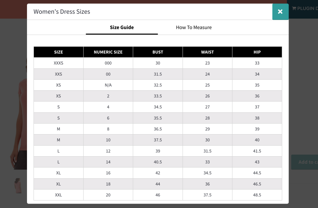 Size chart Content and Table Tabbed Layout