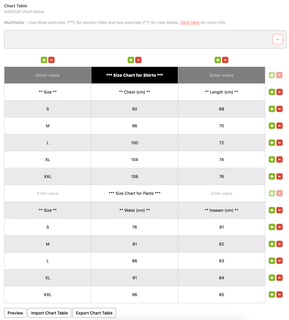 Size chart Multi Table Configuration