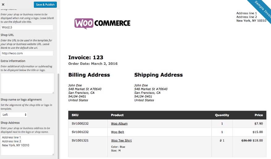 A Sample invoice, generated using Print Invoices and Packing Lists WooCommerce Plugin