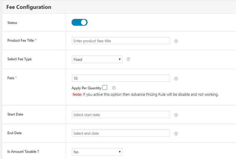 Fee Configuration Form and its fields for Adding Product Fee Method