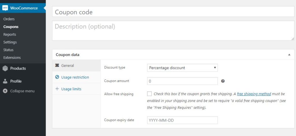 Figure 2 - Creating Discount Coupon in WooCommerce using the default method