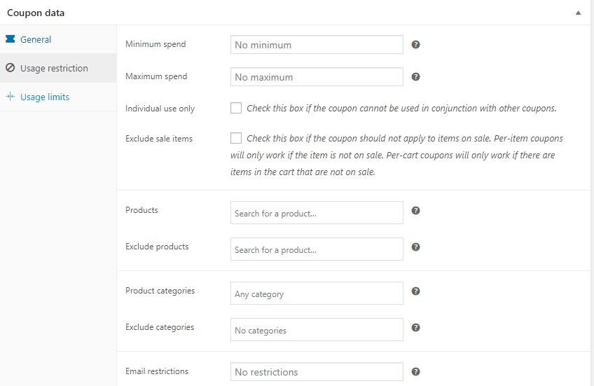 Figure 3 :– Adding Usage Restrictions for a Discount Coupon in WooCommerce using the default method