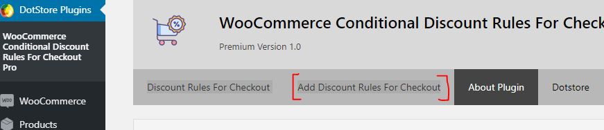 Plugin Dashboard - Step 1 - Click on 'Add Discount Rules for Checkout' Option