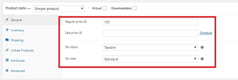 Figure 8 - The Default Options available in WooCommerce for adding Discounts for a product.