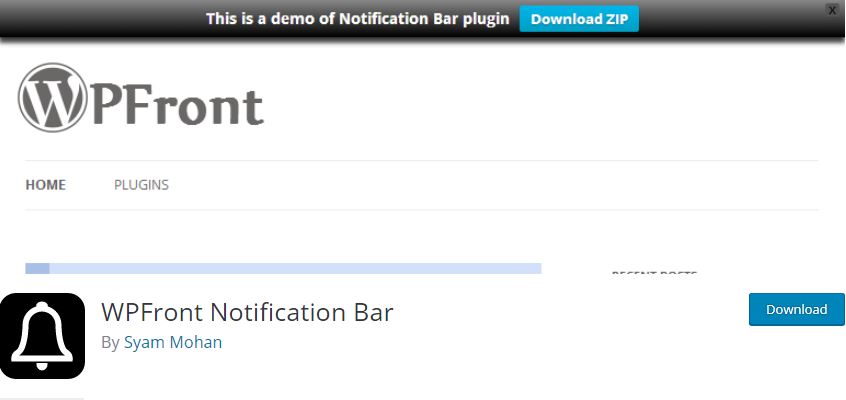 Figure 1 - WPFront Notification Bar - List of the top 8 WordPress Notification Bar Plugins