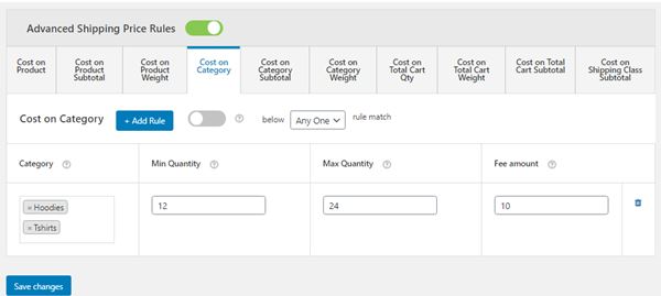 Figure 12: Apply Shipping price for a Cost Range of one or more Categories