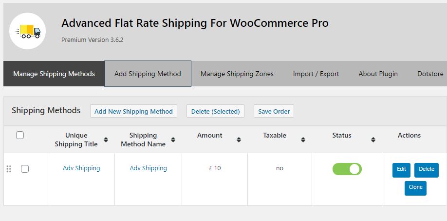 Figure 1: Main dashboard - List of shipping methods and links for all options of the plugin