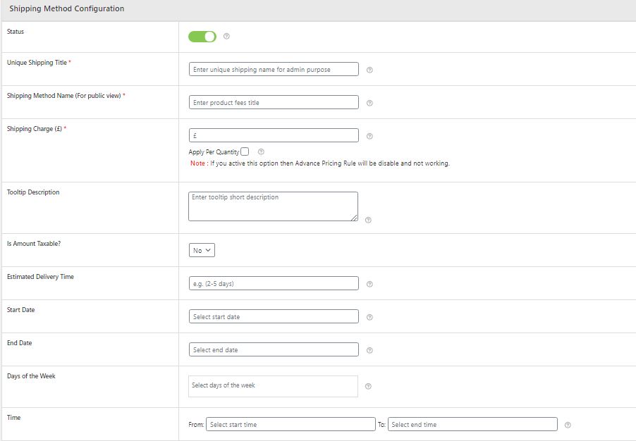 Figure 2: Shipping Method Configuration form (opened by clicking 'Add Shipping Method' option)