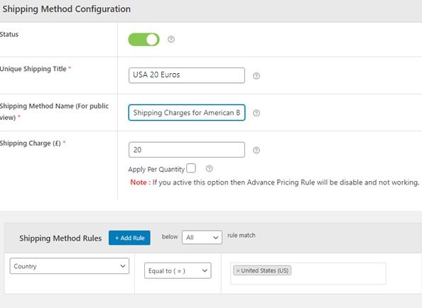 Figure 5: Creating a Shipping Method for the US of America, Shipping Charge being £20