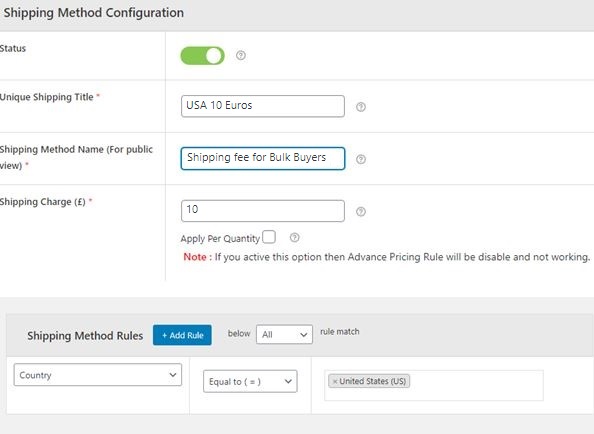 Figure 6: For Cart subtotal £500+, shipping fee for the US of America is £10