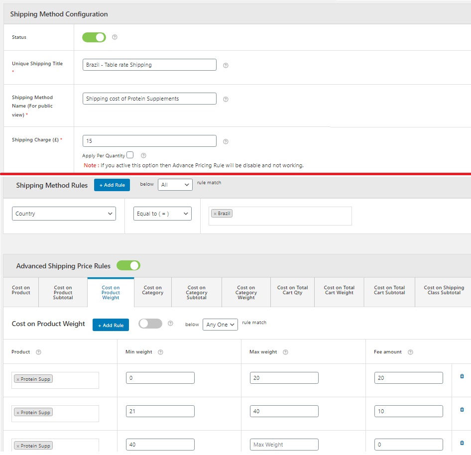 Figure 7: For Brazil country, online shop has a table rate shipping method deployed