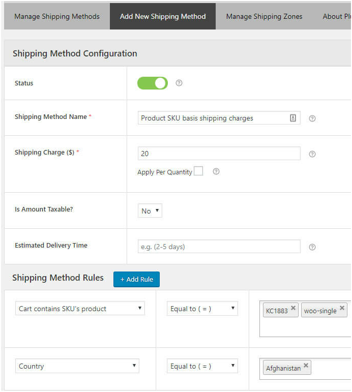 Figure 14 : Complete form for creating a Shipping method