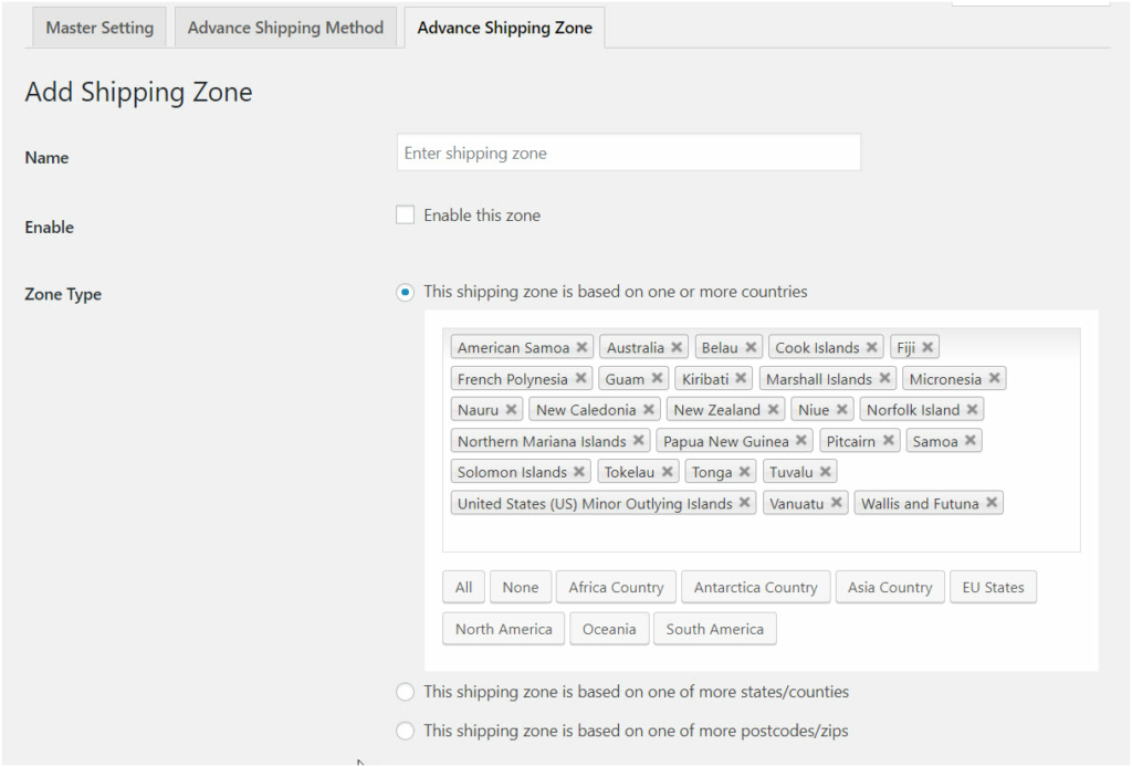 Figure 3 : Add Shipping Zone to Simplify Method creation for your common selling locations