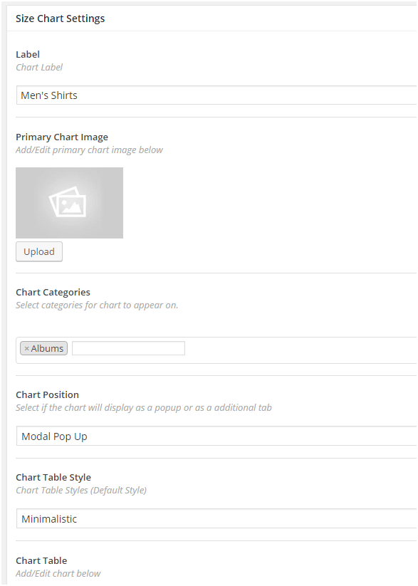 Figure 4: Size Chart Settings