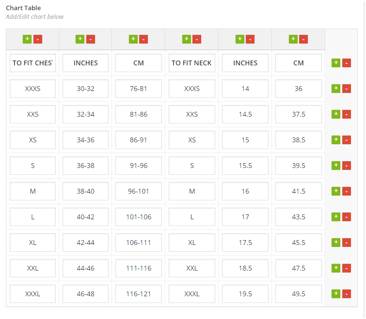 Figure 1 :- A Feature-rich and beautiful Size Chart create using the Size Charts Plugin