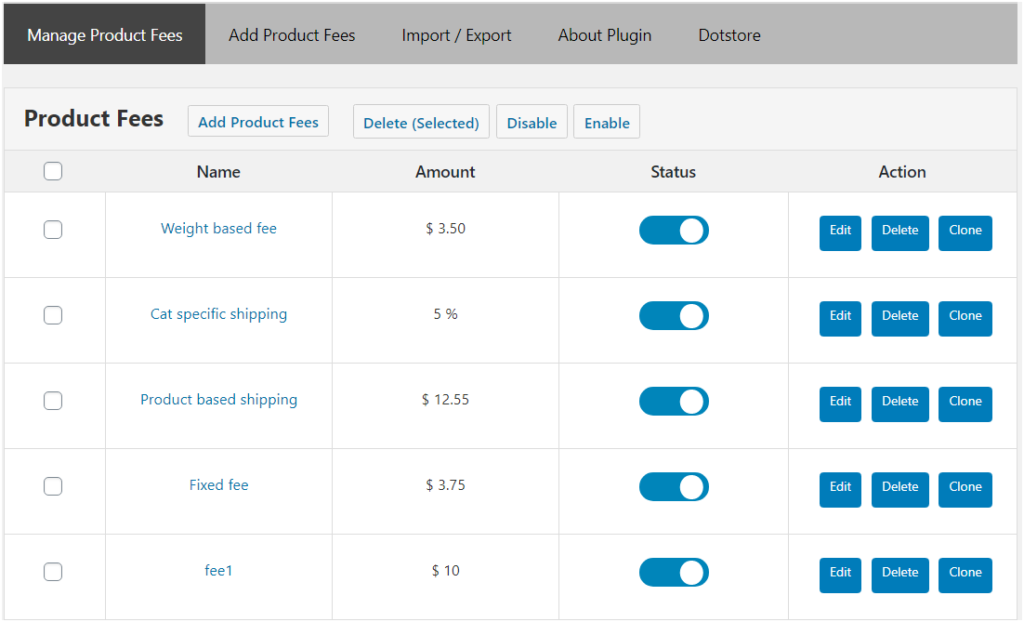 Figure 2 - A few Types of Fees you may add to your WooCommerce store using Extra Fees Plugin