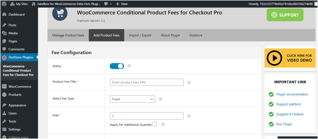 Figure 2 - Fee Configuration form in WooCommerce Extra Fees Plugin