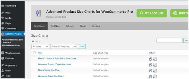 Figure 2 - The main dashboard screen for plugin - List of WooCommerce Size Guide already created