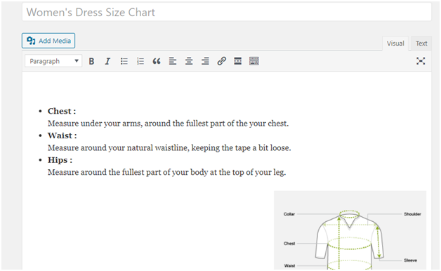 Figure 4 - You can add rich text as well as images to your product size guide