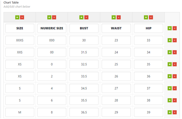 Figure 8 - An example WooCommerce Size Guide table with filled values