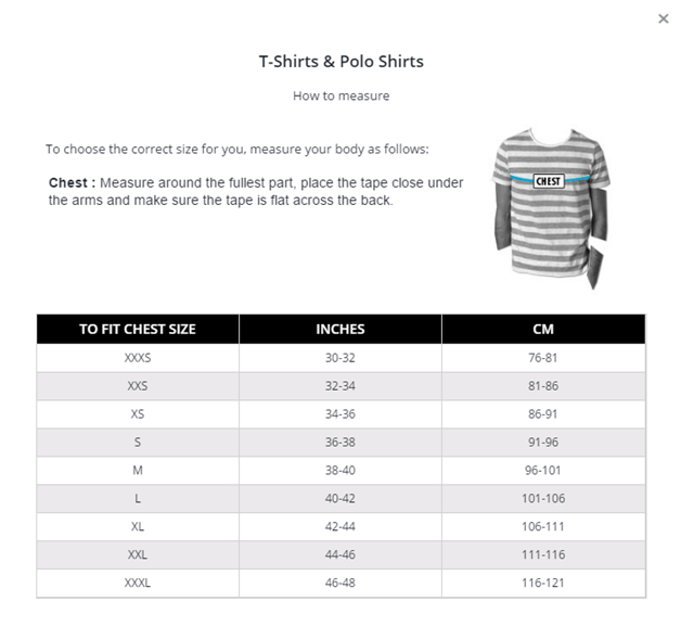 Figure 1 - An Example WooCommerce Size Chart created using WC advanced product size charts plugin