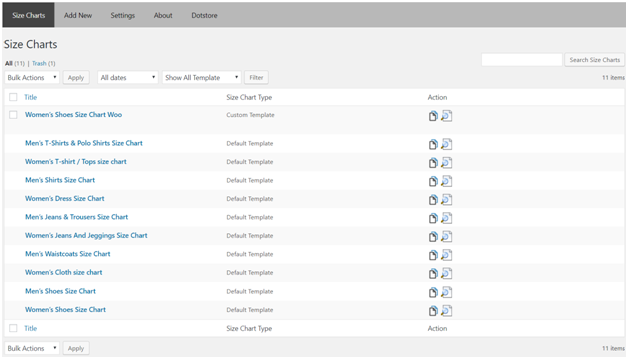 Figure 2 - Size Charts added to the Plugin already – Plugin Dashboard