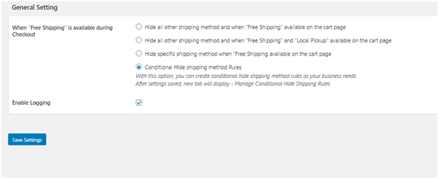 Figure 1: General Settings in Hide Shipping Plugin for WooCommerce