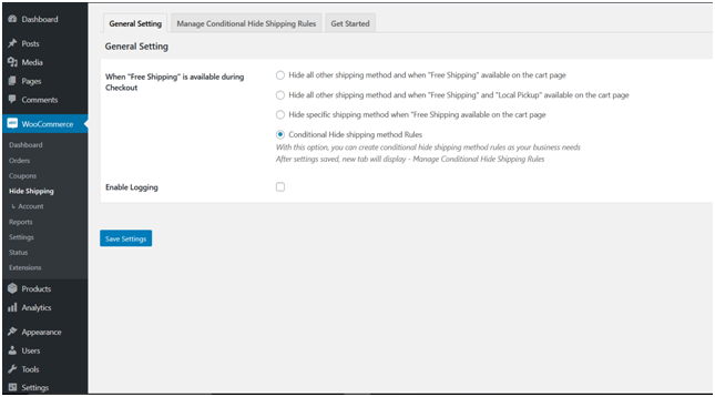 Figure 1 - General Setting [Hide Shipping for WooCommerce Plugin]