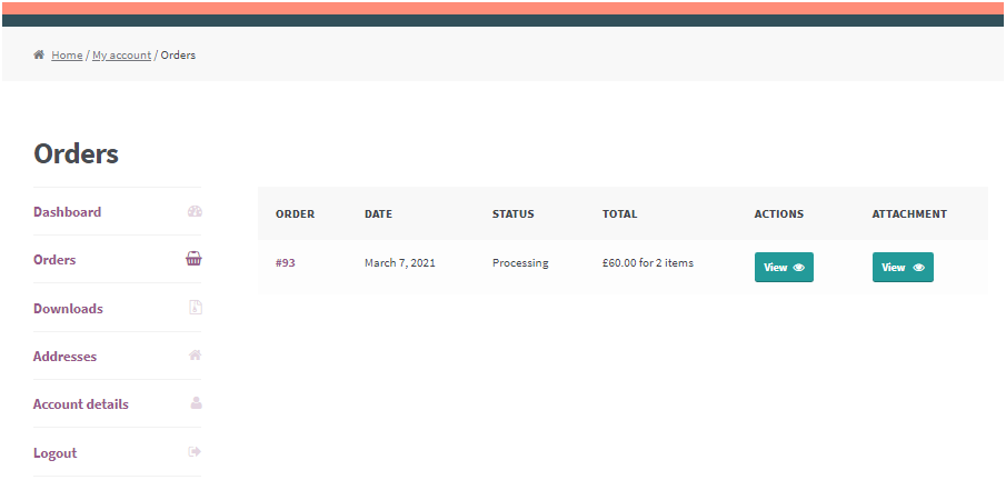 Figure 2: WooCommerce add attachment to order Listing Page – An example view of Order Details Page