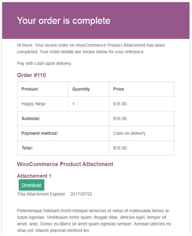 Figure 5 - An example email, sent for the ‘WooCommerce on order complete’ status