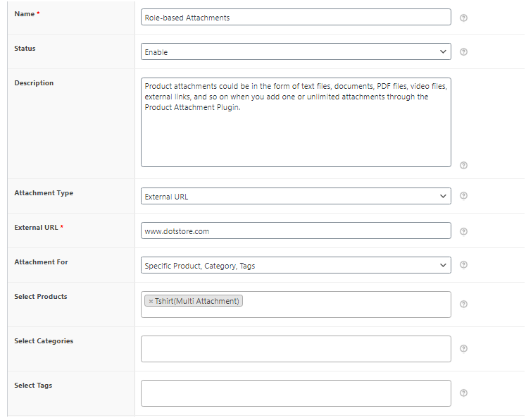 Figure 4 - Product attachment details, specify products, categories, tags and add file/link