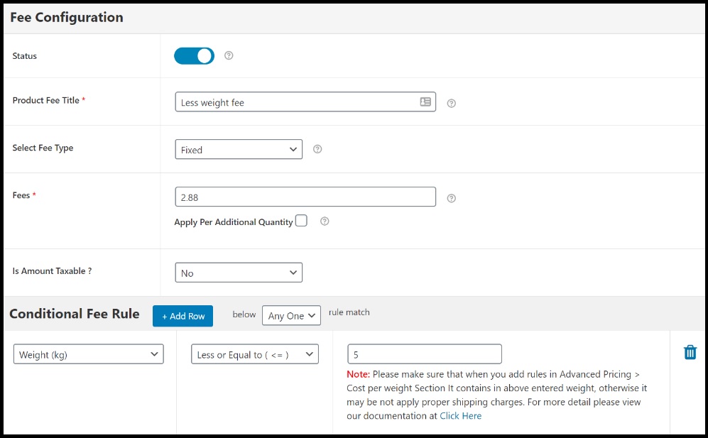 Configure fees by weight