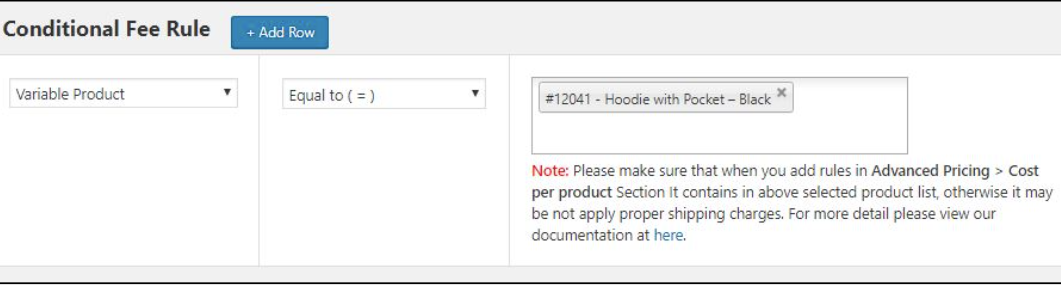 Conditional Fee Rule for variable product where variation is black-colored