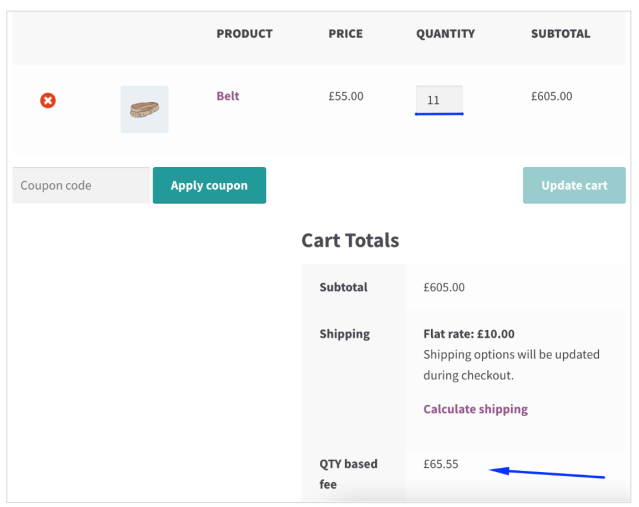 Quantity-based extra fee rule example on the front end