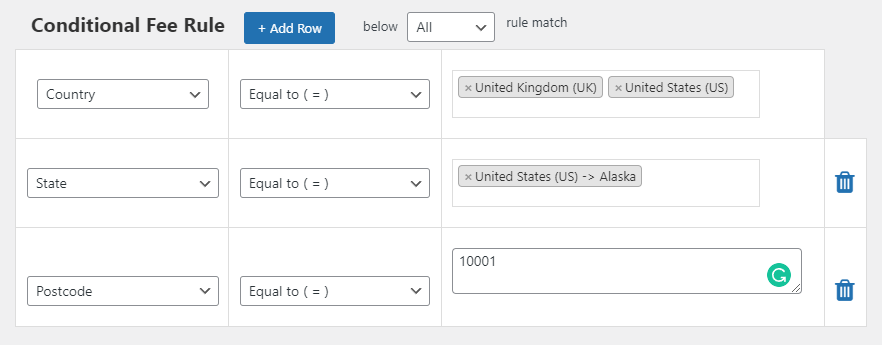 Enter fee for country, state, and postcode