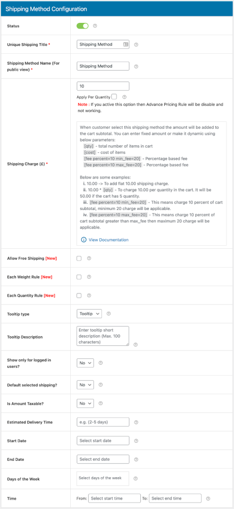 Specifying new shipping method properties