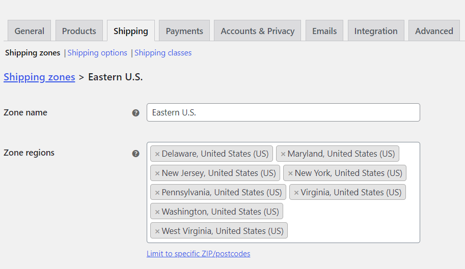 Add shipping zone name and region details