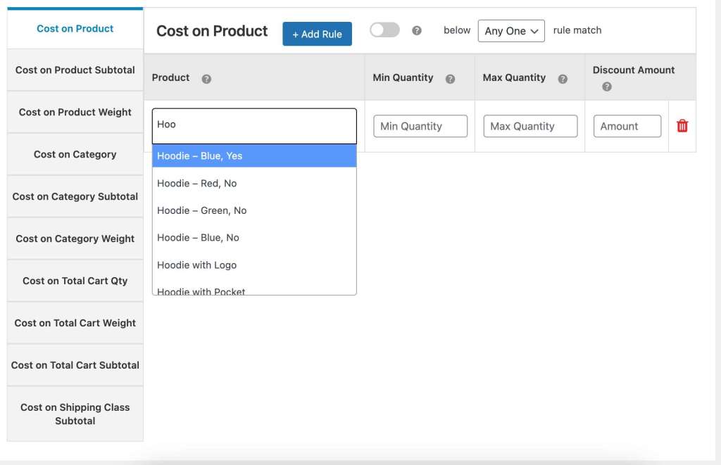 Configure cost-on-product rules.