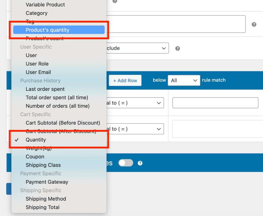 Create conditional rules based on product or cart quantity.