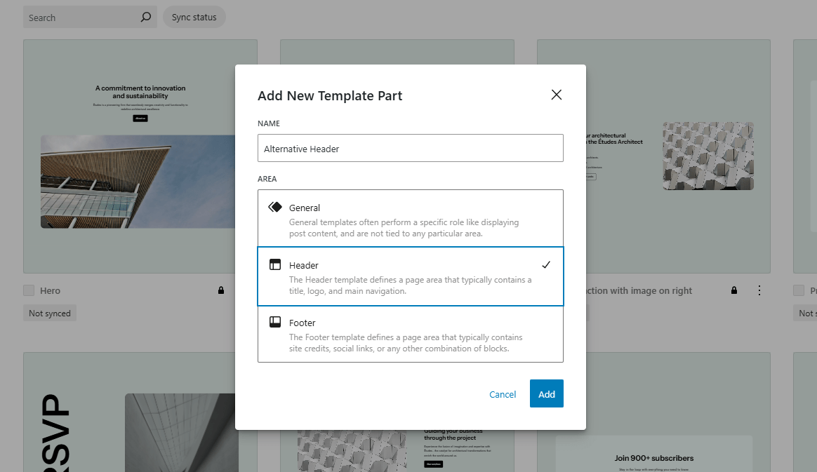 Adding a new Template Part in FSE