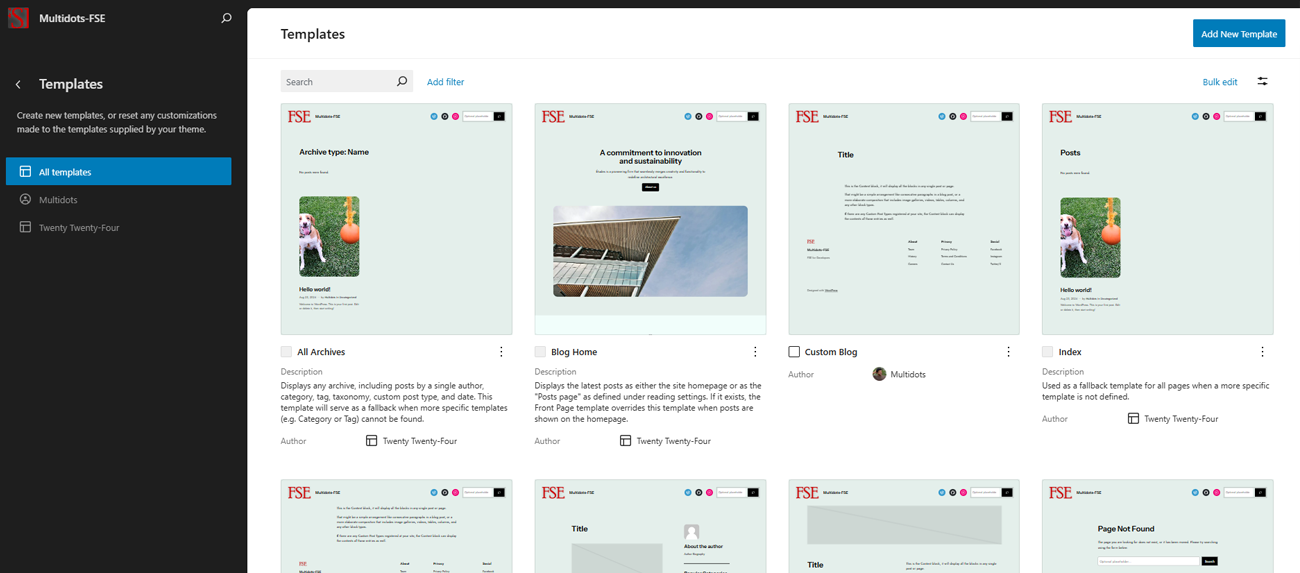 The Templates panel in FSE