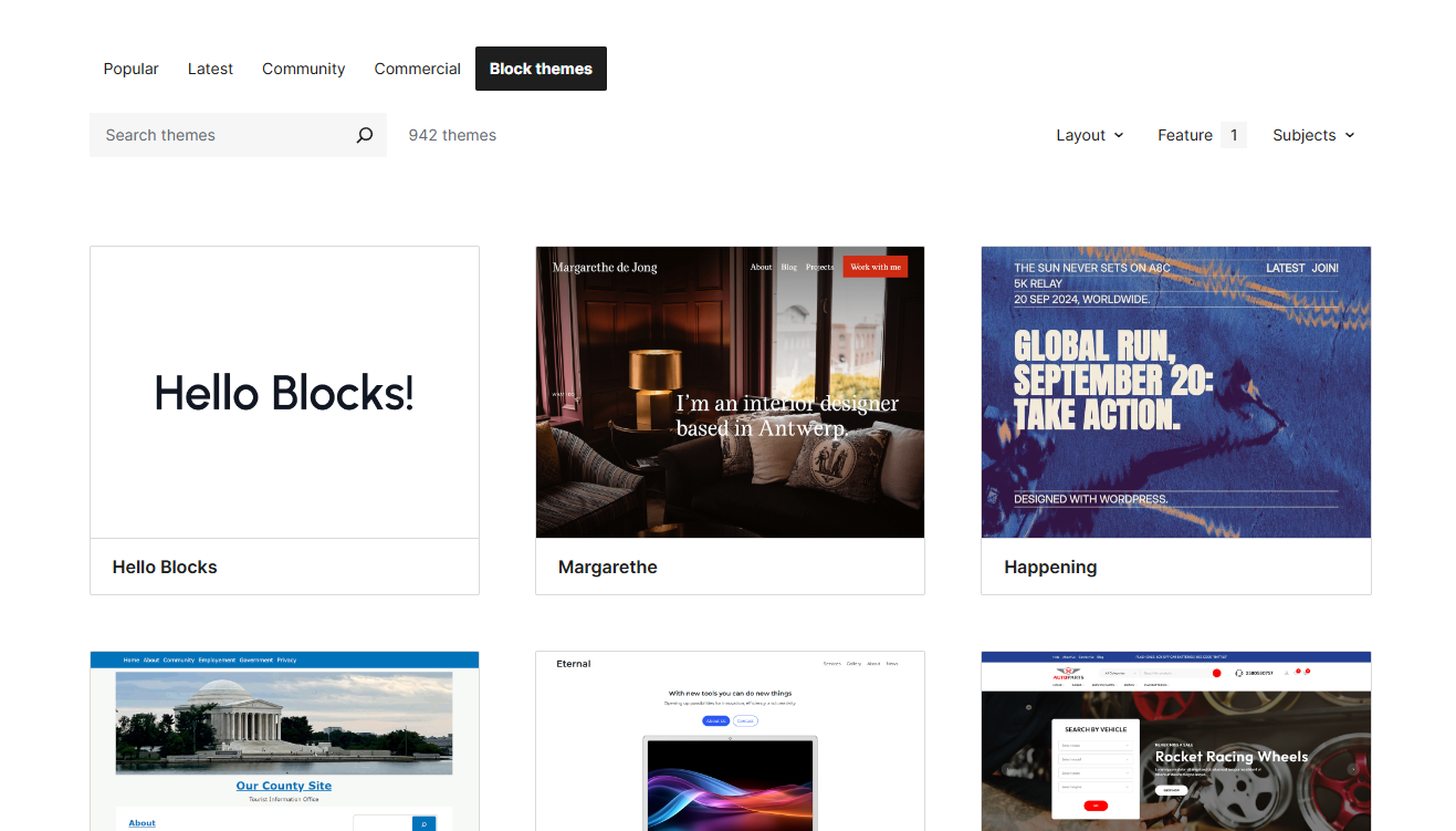 Block themes in the WordPress themes directory