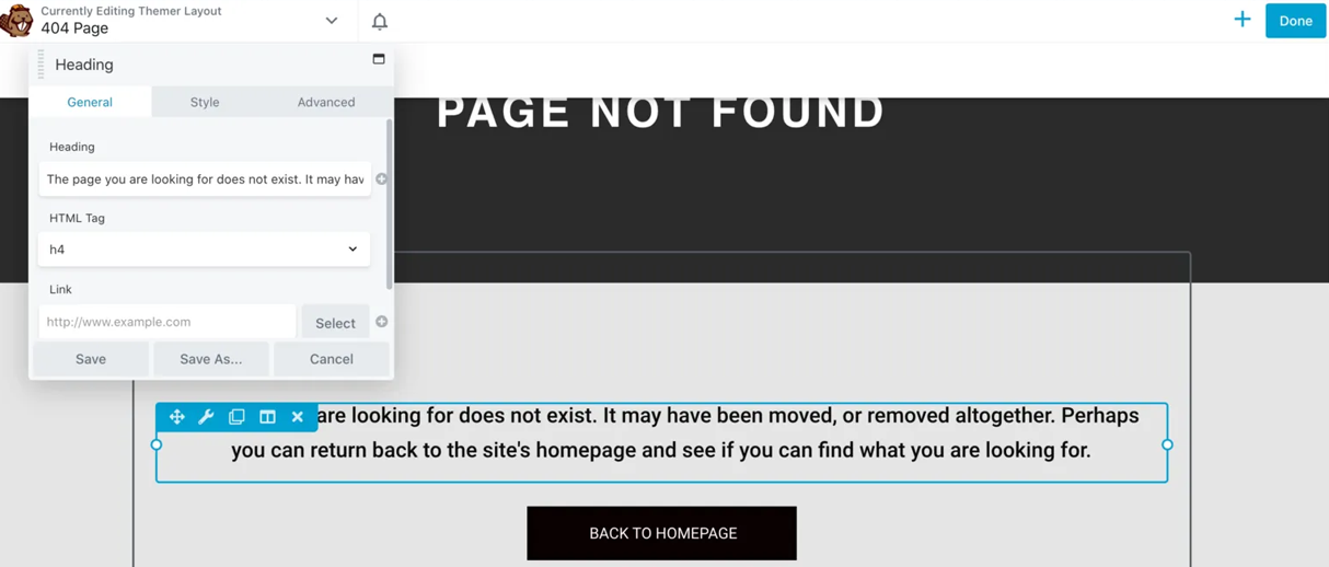 Beaver Builder’s 404 Page template editor