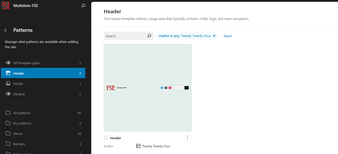 The Patterns ➡️ Header panel