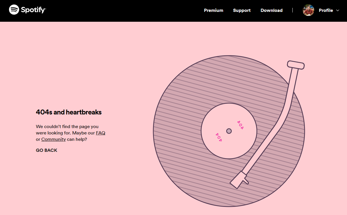 Spotify’s custom 404 error page 