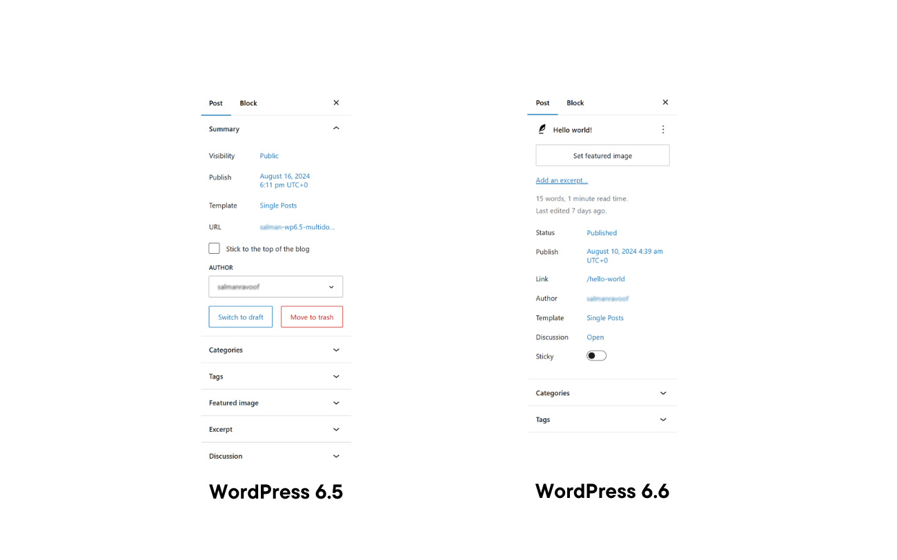 WP 6.5 vs. 6.6 Posts settings sidebar comparison