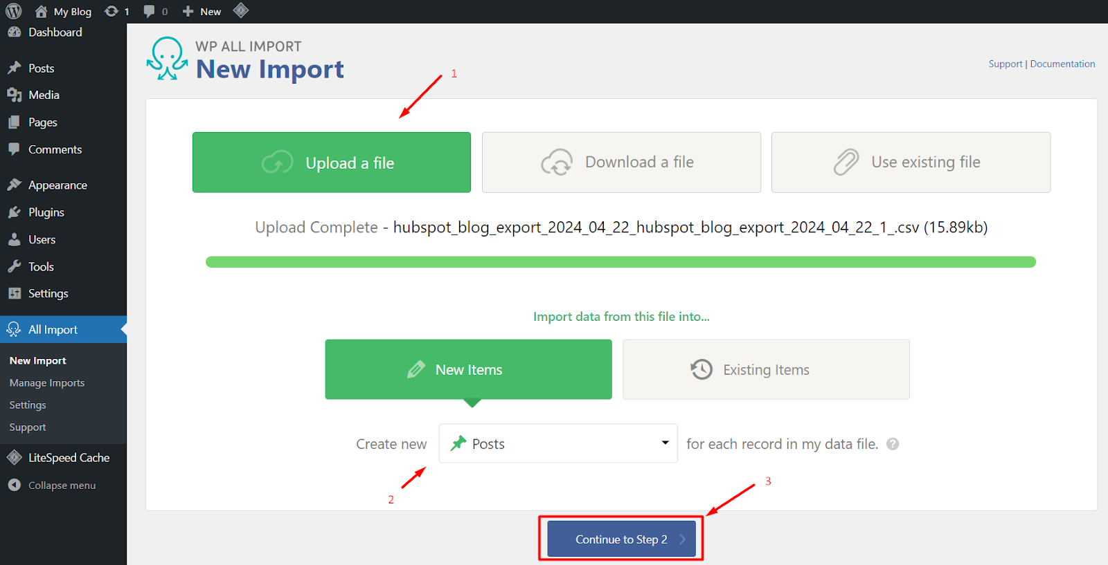 Upload the New CSV File to WP All Import