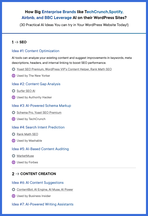 Get FREE Access to 30 Examples of How Big Brands like TechCrunch, Spotify, Airbnb, and BBC use AI on their WordPress Websites!